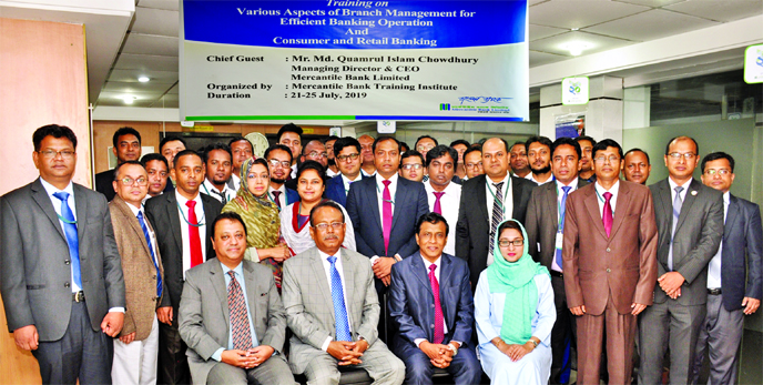 Md Quamrul Islam Chowdhury, CEO of Mercantile Bank Ltd, poses along with the participants of a training course on 'Various Aspects of Branch Management for Efficient Banking Operation' and 'Consumer and Retail Banking' at its training institute in the