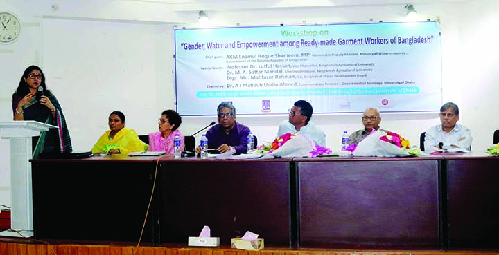 Deputy Minister for Water Resources AKM Enamul Haque Shameem, among others, at a workshop on 'Gender, Water and Empowerment among Readymade Garment Workers of Bangladesh' at Prof Muzaffar Ahmed Chowdhury Auditorium of Dhaka University on Sunday.