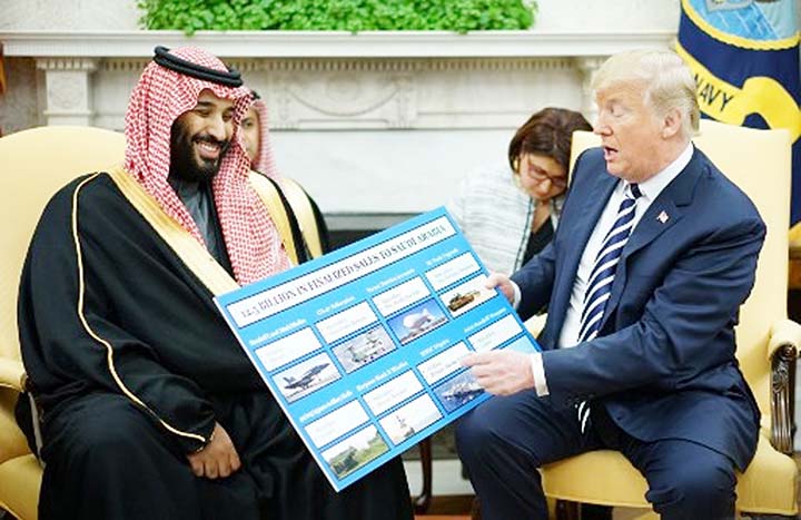 US President Donald Trump Â® looks at a defence sales chart with Saudi Arabia's Crown Prince Mohammed bin Salman in the Oval Office of the White House in Washington.