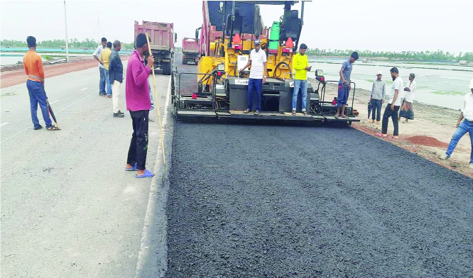 BAGERHAT: The carpeting work of LGED at Rampal Coal Based Power Plant Connecting Road in Bagerhat is progressing fast . This snap was taken yesterday.