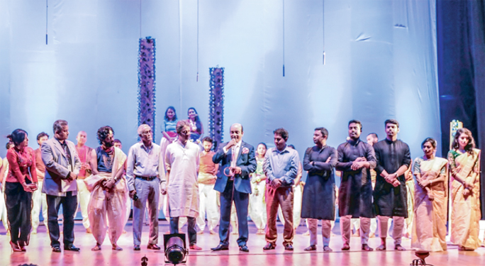 Freedom Fighter Benajir Ahmed, Chairman, Board of Trustees, North South University speaks as Chief Guest at the inauguration of the great play 'Shokuntola' at North South University recently.