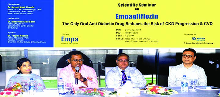 Dr. Nazmul Kabir Qureshi, Consultant and Center Director of Uttara NHN, speaking at a Scientific Seminar on "Empagliflozin-The only oral anti-diabetic drug reduces CKD progression & CVD" arranged by NIPRO JMI Pharma Limited in the city recently. Md. Miz