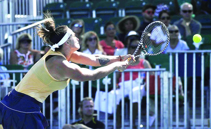 Aryna Sabalenka of Belarus, returns a shot to CoCo Vandeweghe of the United States, during the Mubadala Silicon Valley Classic tennis tournament in San Jose, Calif on Wednesday.