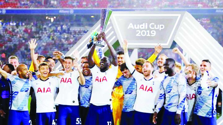 Tottenham Hotspur players celebrate after defeating Bayern Munich in the Audi Cup final in Munich, Germany on Wednesday.