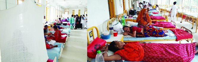 MIRZAPUR (Tangail): Female dengue patients at Kumudini Hospital taking treatment at Balcony due to shortage of beds . This snap was taken yesterday.