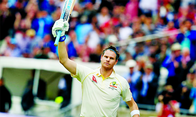 Australia's Steve Smith acknowledges the crowd as he leaves the field after being bowled by England's Stuart Broad for 144 on the opening day the first Ashes Cricket Test match between England and Australia at Edgbaston in Birmingham on Thursday.