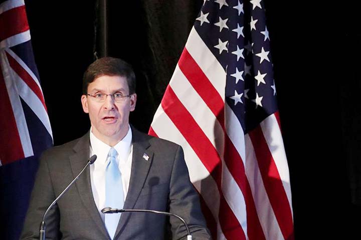 US Secretary of Defence Mark Esper speaks during a joint news conference in Sydney on Sunday.