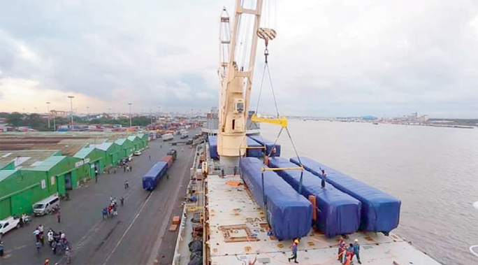 A view of the Chattogram Port where railway coaches laden vessel anchored on Thursday.