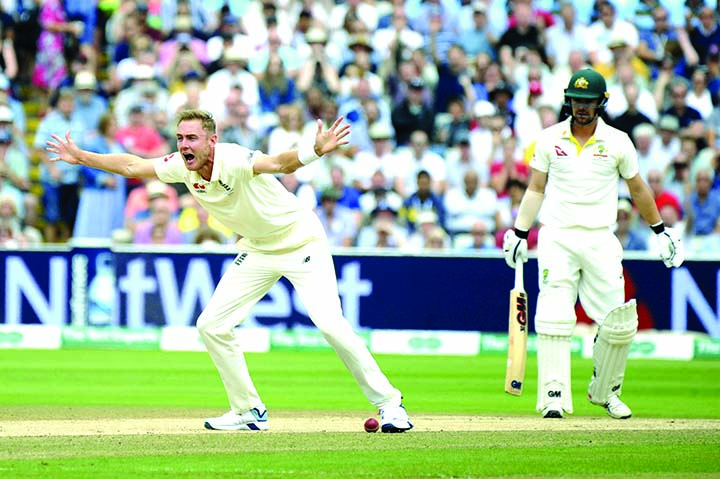 Unsuccessful LBW appeal by England's Stuart Broad during day four of the first Ashes Test cricket match between England and Australia at Edgbaston in Birmingham, England on Sunday.
