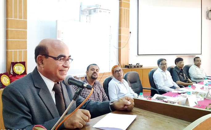 Prof Dr Muhammed Alamgir, Member, University Grants Commission of Bangladesh speaks at a symposium on 'sustainable power and energy transition in Bangladesh' held at Jessore University of Science and Technology on Wednesday.