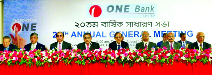 Sayeed H. Chowdhury, Chairman, Board of Directors of ONE Bank Limited, presiding over its 20th AGM at a convention hall in the city recently. The AGM announced 10 per cent Stock Dividend. Asoke Das Gupta, Vice-Chairman, Zahur Ullah, EC Chairman, ASM Shahi