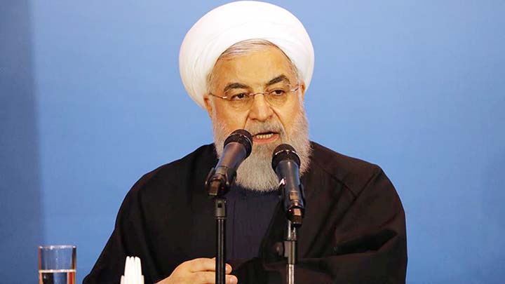 Iranian President Hassan Rouhani speaks during a meeting with tribal leaders in Kerbala, Iraq.
