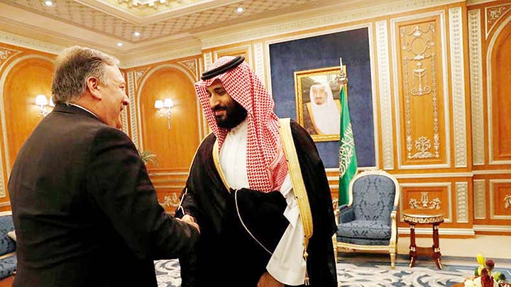 US Secretary of State Mike Pompeo (L) meets with Saudi Crown Prince Mohammed bin Salman in Riyadh. AP file photo