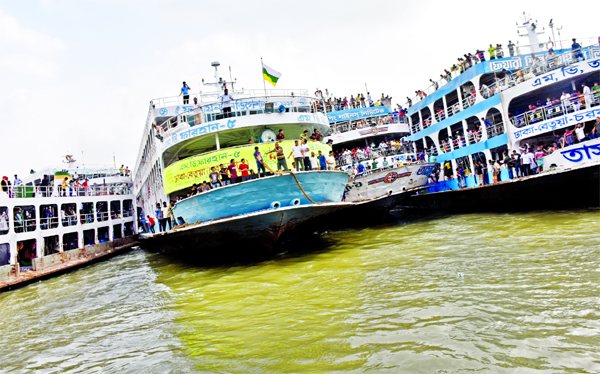 Launches are seen racing out of Sadarghat terminal soon after they got their target passengers. This photo was taken on Saturday.