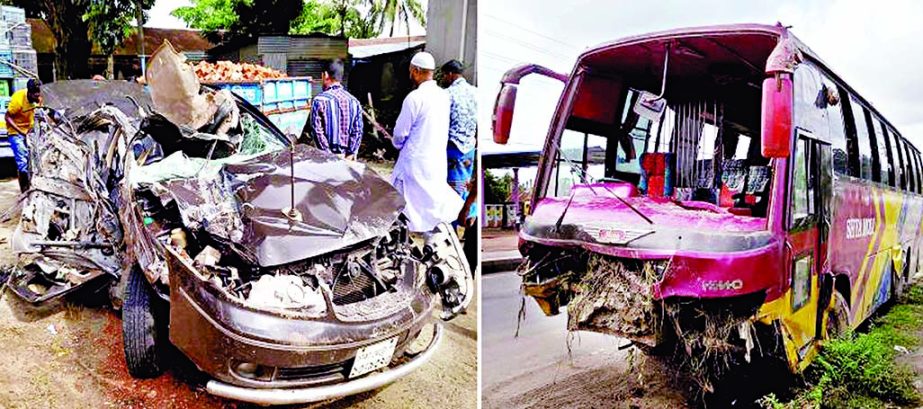 Three varsity students among 5 were killed when a bus hit a car (left) at Karanchar under Shibchar upazila in Narsingdi on Dhaka-Sylhet Highway on Saturday.