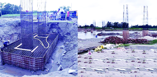 RANGPUR: The construction work on 294- metre bridge is progressing fast at Jayontipur River Ghat Point in Pirganj Upazila . This snap was taken on Saturday.