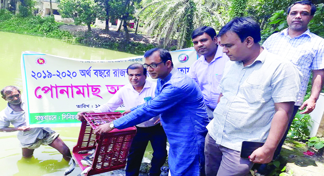 MIRZAPUR (Tangail ): Officials of Upazila Administration and Fisheries Office releasing fish fries at a pond in Mirzapur Upazila yesterday.
