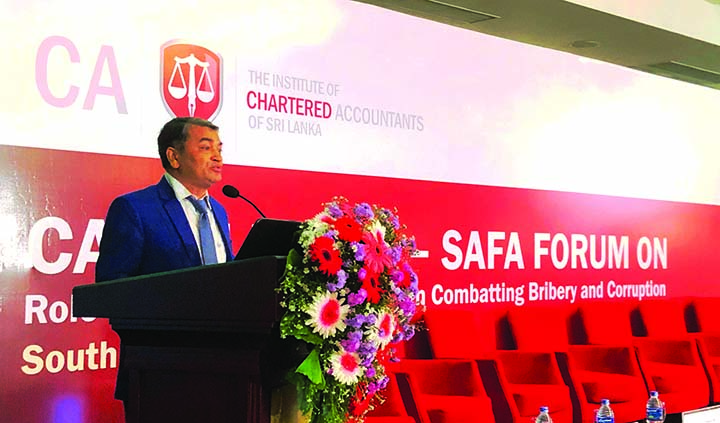 Professor Dr. Md. Salim Uddin, EC Chairman of Islami Bank Bangladesh Limited, addressing a seminar on "Combating Corruption in Bangladesh" in South Asian Federation of Accountants (SAFA) conference held in Sri Lanka recently. He attended the meeting as