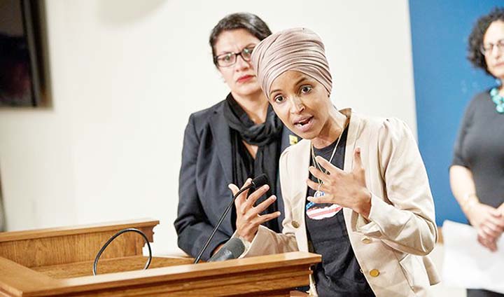 US Reps. Ilhan Omar (D-MN) and Rashida Tlaib (D-MI) hold a news conference on Monday in St. Paul, Minnesota.