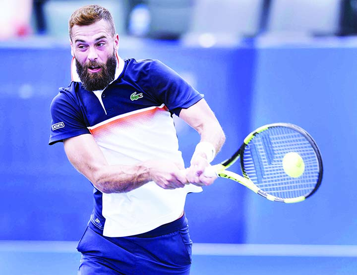 Benoit Paire of France returns a volley in his 6-3, 7-5 win over Prajnesh Gunneswaran of India in the second round of the Winston-Salem Open in Winston-Salem, N.C on Tuesday.