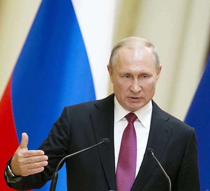 Russian President Vladimir Putin speaks during a news conference after his meeting with President of the Republic of Finland Sauli Niinisto at the President's official residence Mantyniemi in Helsinki, Finland on Wednesday. Putin has warned opposition pr