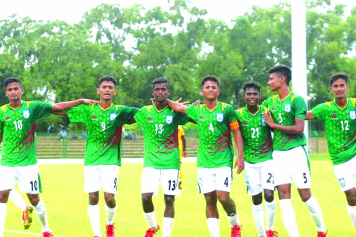 Players of Bangladesh Under-15 Football team celebrating after beating Sri Lanka Under-15 Football team by 7-1 goals in their second match of the SAFF Under-15 Championship at Kalyani Stadium in Kolkata, West Bengal on Sunday.