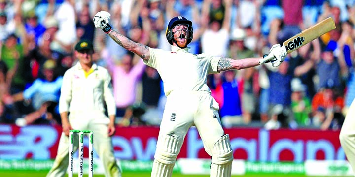 England's Ben Stokes celebrates winning on day four of the third Ashes cricket Test match against Australia at Headingley, Leeds on Sunday.