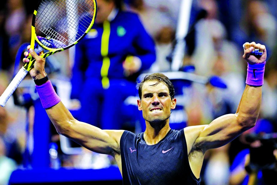 Rafael Nadal of Spain, celebrates after defeating John Millman of Australia, during the first round of the U.S. Open tennis tournament in New York on Tuesday.