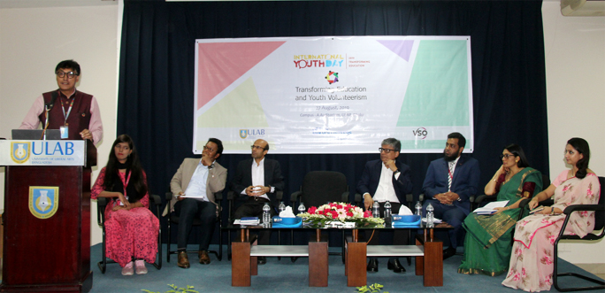 Prof Imran Rahman, special advisor to the ULAB Board of Trustees speaks at an event titled 'Transforming Education and Youth Volunteerism' on the occasion of International Youth Day recently.