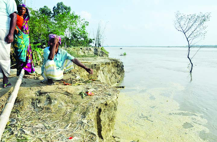 KURIGRAM: With the recession of flood water, the erosion of Brahmaputra River has taken a devastating turn devouring Donarchar Notun village , Faluarchar and Baguarchar in Roumari Upazila . Local people demanded immediate steps to check the erosion . P