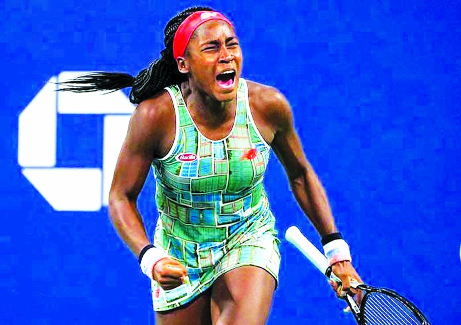 Coco Gauff of the US, reacts to winning her match against Timea Babos of Hungary, during their Round Two Women's Singles of the 2019 US Open at the USTA Billie Jean King National Tennis Center in New York on Thursday.