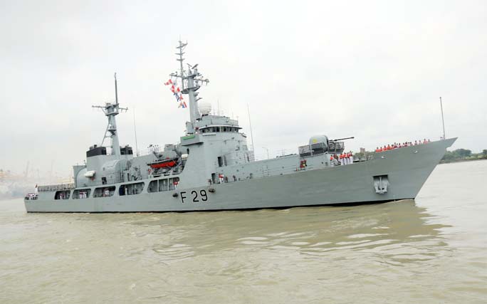 The ship "Samudra Abhijan' of Bangladesh Navy leaving Chattogram Navy jetty to participate in a training at Sri Lanka and India yesterday."