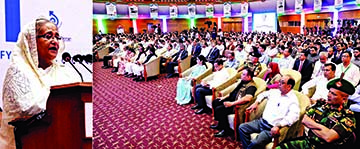 Prime Minister Sheikh Hasina addressing the National Export Trophy for 2016-17 fiscal year distribution function as Chief Guest at Bangabandhu International Conference Centre yesterday afternoon. Photo : BSS