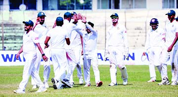 Players of BCB XI celebrate after dismissal of an Afghanistan wicket during the first day of the two-dayer practice match between BCB XI and Afghanistan at MA Aziz Stadium in Chattogram on Sunday.
