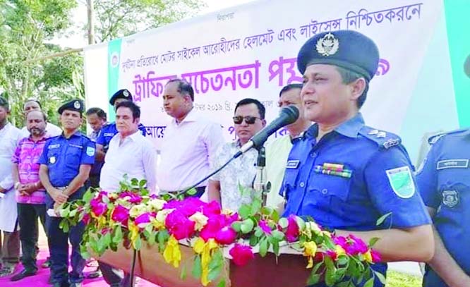 KISHOREGANJ: Mashrukur Rahman Khaled, SP, Kishoreganj addressing a discussion meeting on traffic awareness at local Battola Police Box premises arranged by Kishoreganj District Police on Sunday afternoon.