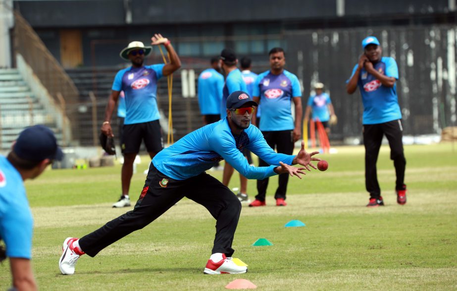 Members of Bangladesh Cricket team during their practice session at the Zahur Ahmed Chowdhury Stadium in Chattogram on Wednesday.