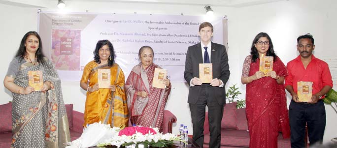 US Ambassador Earl R Miller unveils the cover of a research book titled 'Narratives of Gender Diverse People' authored by Associate Professor Dr Zobaida Nasreen of the Department of Anthropology of Dhaka University (DU) on Wednesday at Prof Muzaffar Ahm