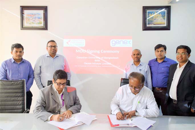 Prof Dr Nazrul Islam, Adviser to the Board of Trustees of Canadian University Bangladesh and Minarul Islam, Head of People and Culture of Genex Infosys Ltd sign an agreement at the University campus on Monday.