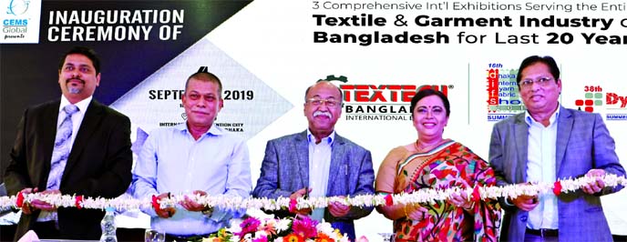 Industries Minister Nurul Majid Mahmud Humayun, inaugurating the 20th Textech Bangladesh International Expo-2019, 16th Dhaka International Yarn and Fabric Show-2019 and 38th Dye Chem Bangladesh expo-2019 at a city convention centre on Wednesday. CEMS-Glob