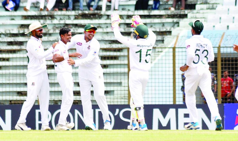 Players of Bangladesh Cricket team celebrate after dismissal of the wicket of Ibrahim Zadran (not in the picture) during the first day of the first Test between Bangladesh and Afghanistan at the Zahur Ahmed Chowdhury Stadium in Chattogram on Thursday.