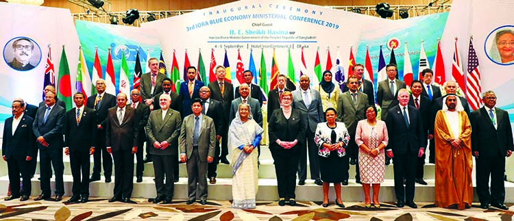 Prime Minister Sheikh Hasina is seen with the Ministers and representatives of IORA countries participated in two-day BEC-III at a local hotel in city on Thursday. PID photo