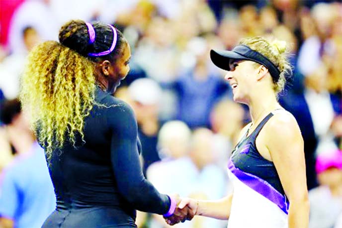 Serena Williams (left) of the United States, shakes hands with Elina Svitolina of the Ukraine, after their Women's Singles semi-final match on day eleven of the 2019 US Open at the USTA Billie Jean King National Tennis Center in New York City on Thursday