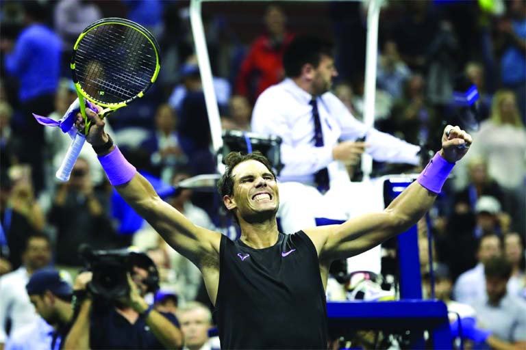 Rafael Nadal of Spain, celebrates after defeating Matteo Berrettini of Italy, in the men's singles semifinals of the U.S. Open tennis championships in New York on Friday.