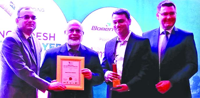 Hossain Akhtar, Group Executive Director and Malik Mehedi Kabir, Head of HR of Anwar Group of Industries, receiving the "Bangladesh Best Employer Brand Award-2019" organized by World HRD Congress held at Pan Pacific Sonargaon in the city recently.