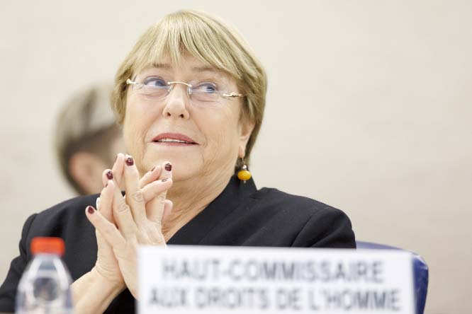 UN High Commissioner for Human Rights, Michelle Bachelet, attends the opening of 42nd session of the Human Rights Council at the European headquarters of the United Nations in Geneva, Switzerland on Monday.