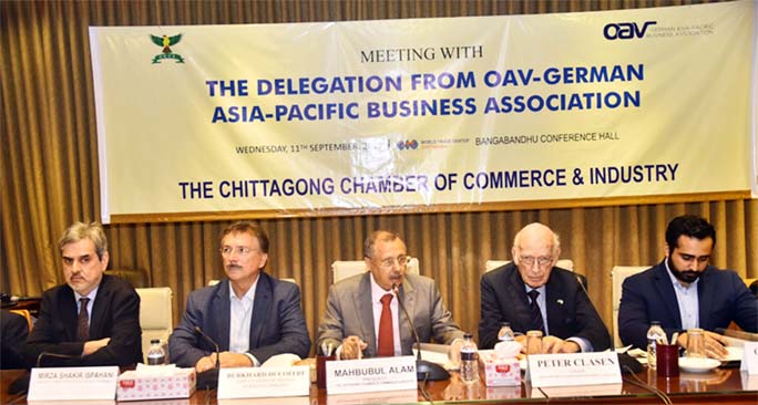 Mahbubul Alam, President, Chattogram Chamber of Commerce and Industry speaking at a meeting with delegation from Germany Asia- Pacific Business Association at Bangladesh Conference Hall in Chattogram on Wednesday.