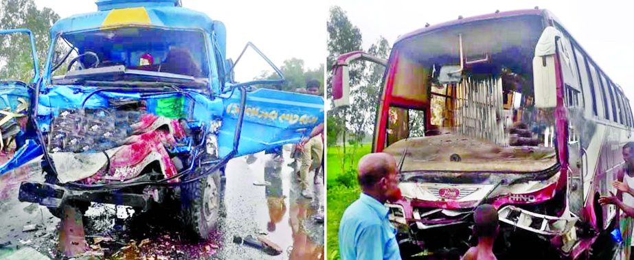 Two people were killed when a truck collided head on with a bus on Pabna-Bogura Highway on Thursday.