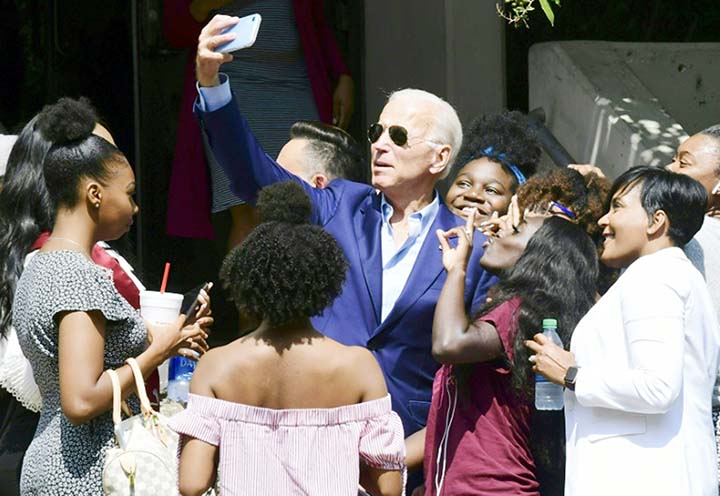 Democratic 2020 presidential frontrunner Joe Biden meets with students at Texas Southern University Student Life Center in Houston on Friday one day after he squared off with party rivals in their presidential debate