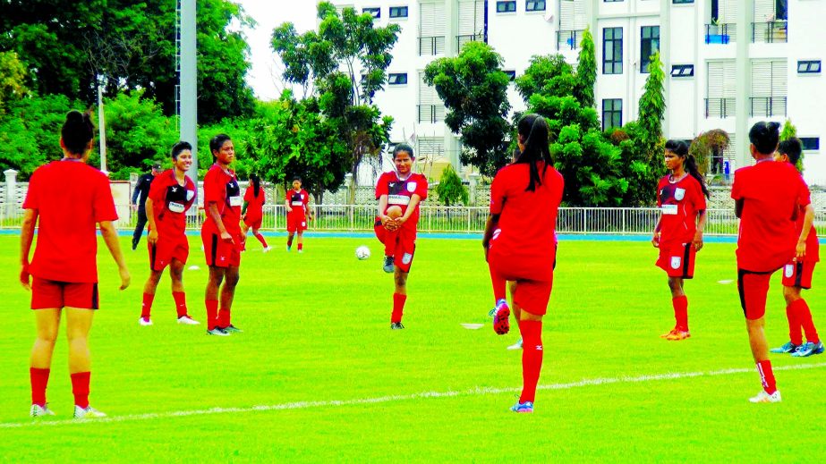 Members of Bangladesh Under-16 Women's Football team taking part at the practice session at Chonburi in Thailand on Saturday.