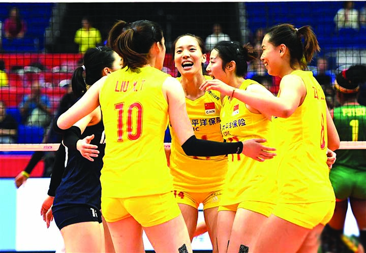 Players of China celebrate during the Round Robin League match between China and Cameroon at the 2019 FIVB Women's Volleyball World Cup in Yokohama, Japan on Sunday.